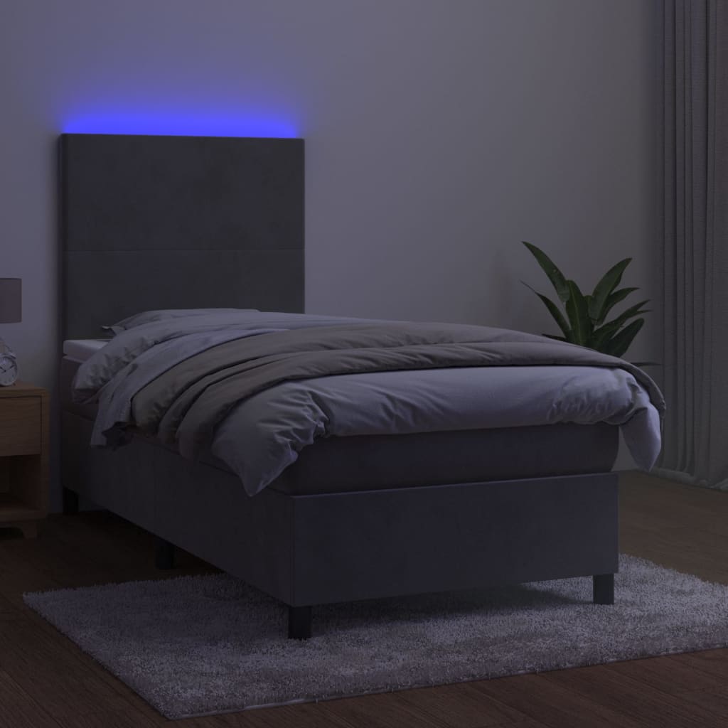 vidaXL atsperu gulta ar matraci, LED, gaiši pelēks samts, 90x190 cm
