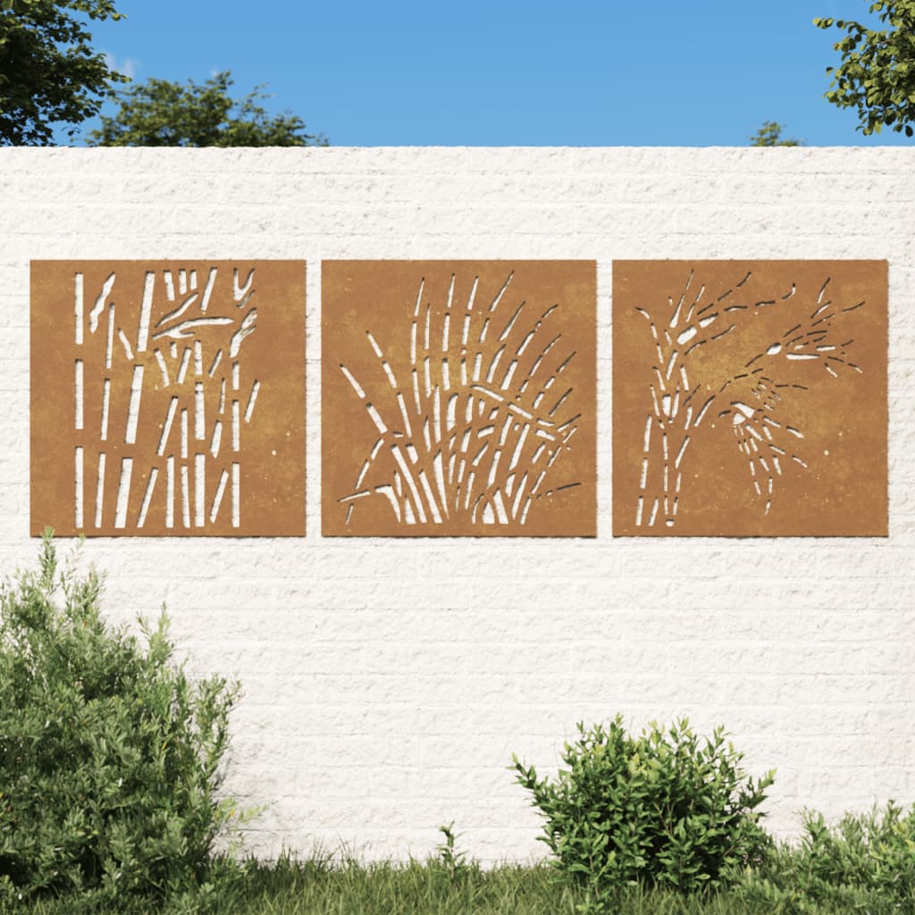 vidaXL dārza sienas rotājumi, 3 gab., 55x55 cm, tērauds, rūsas efekts
