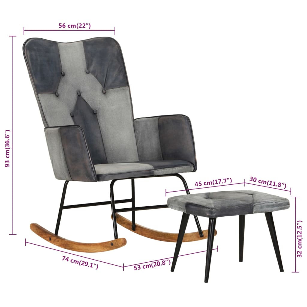 vidaXL šūpuļkrēsls ar kājsoliņu, pelēka dabīgā āda un audums