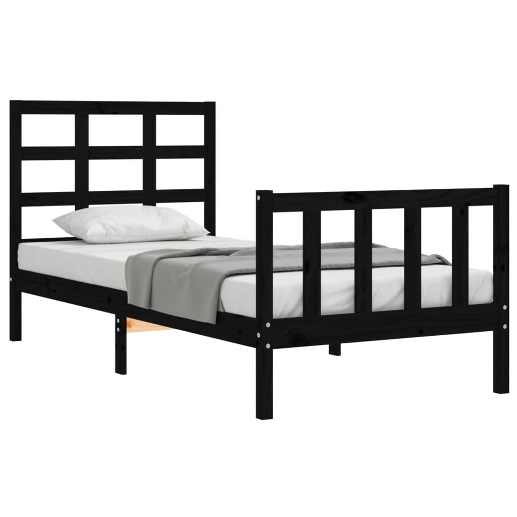 vidaXL gultas rāmis ar galvgali, melns, masīvkoks, 90x200 cm
