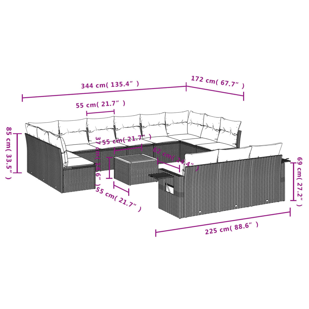 vidaXL 14-daļīgs dārza dīvāna komplekts, matrači, bēša PE rotangpalma