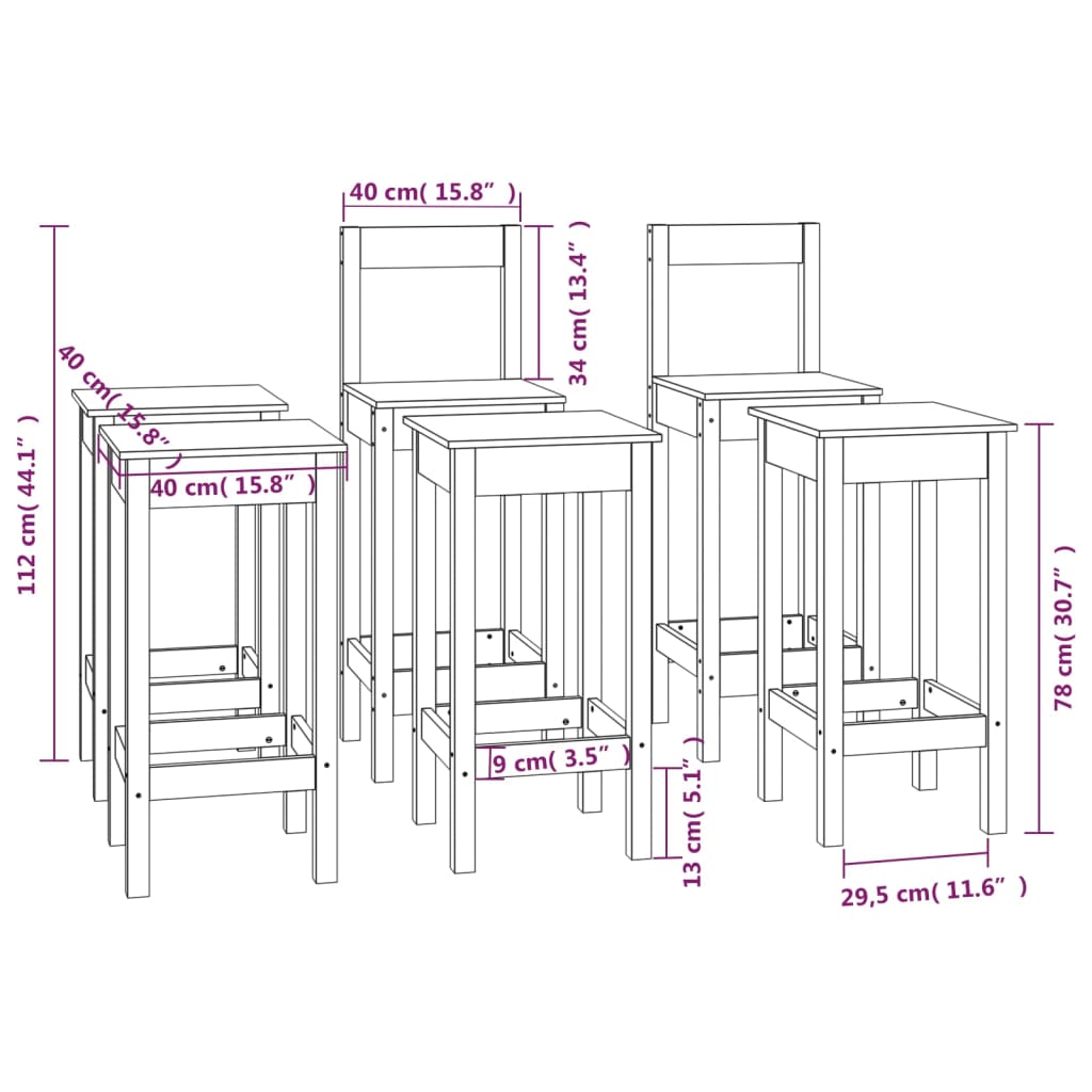 vidaXL 6-daļīgs bāra krēslu komplekts, melns, priedes masīvkoks