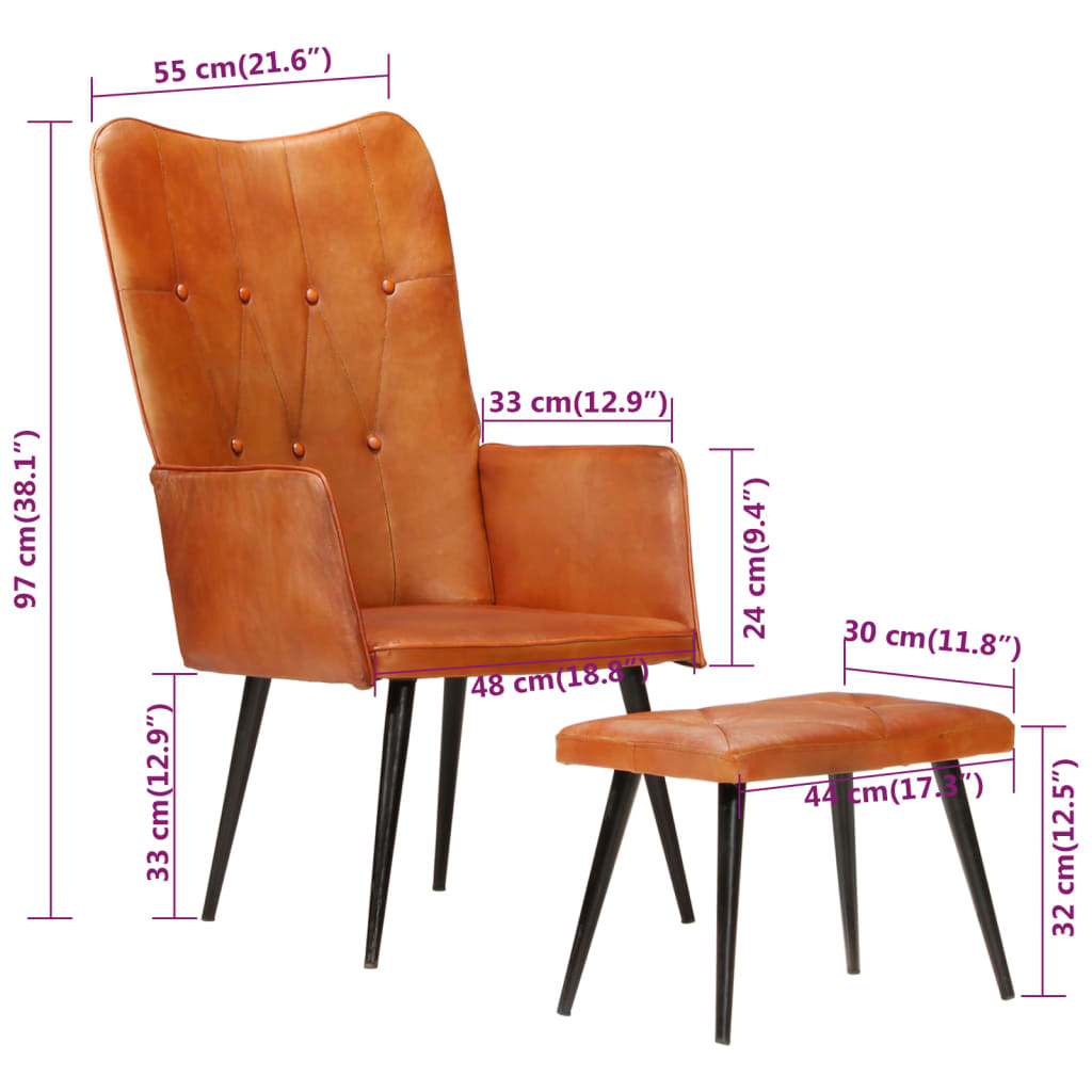 vidaXL atzveltnes krēsls ar kāju balstu, brūna dabīgā āda