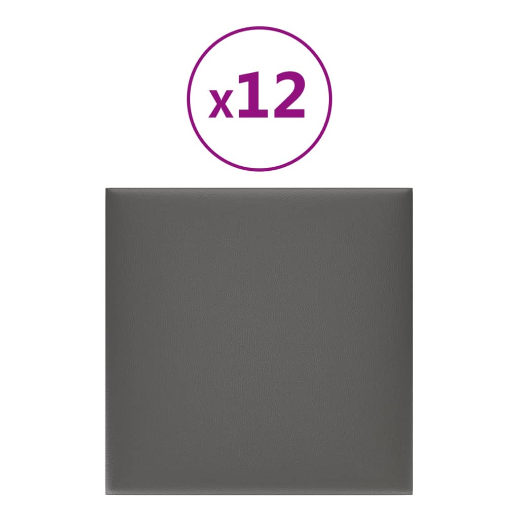 vidaXL sienas paneļi, 12 gab., pelēki, 30x30 cm, mākslīgā āda, 1,08 m²