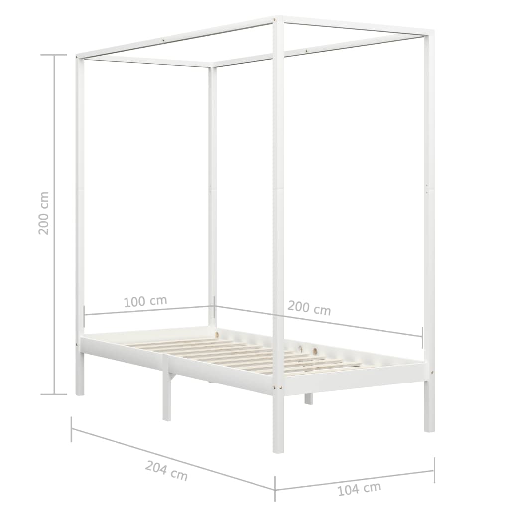 vidaXL gultas rāmis ar nojumi, balts, 100x200 cm, priedes masīvkoks