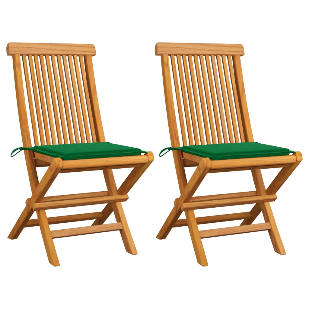 vidaXL dārza krēsli, zaļi matrači, 2 gab., masīvs tīkkoks