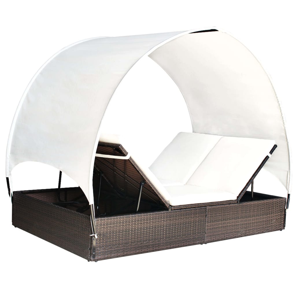 vidaXL divvietīgs sauļošanās zvilnis ar jumtiņu, brūna PE rotangpalma