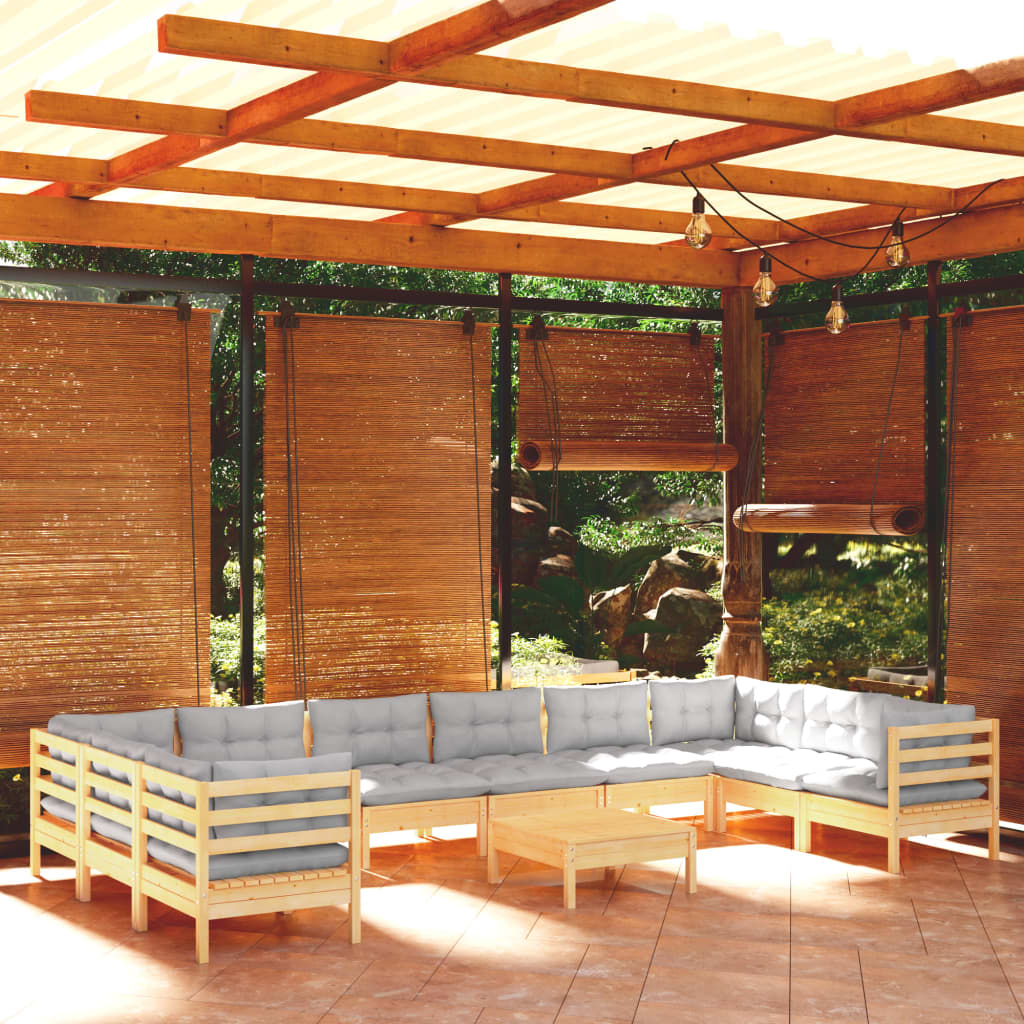 vidaXL 11-daļīgs dārza mēbeļu komplekts ar pelēkiem matračiem, priede