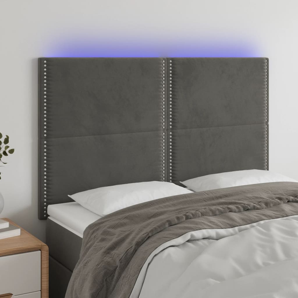 vidaXL gultas galvgalis ar LED, 144x5x118/128 cm, tumši pelēks samts