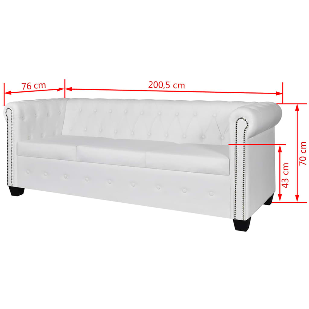 vidaXL Chesterfield dīvāns, trīsvietīgs, balta mākslīgā āda