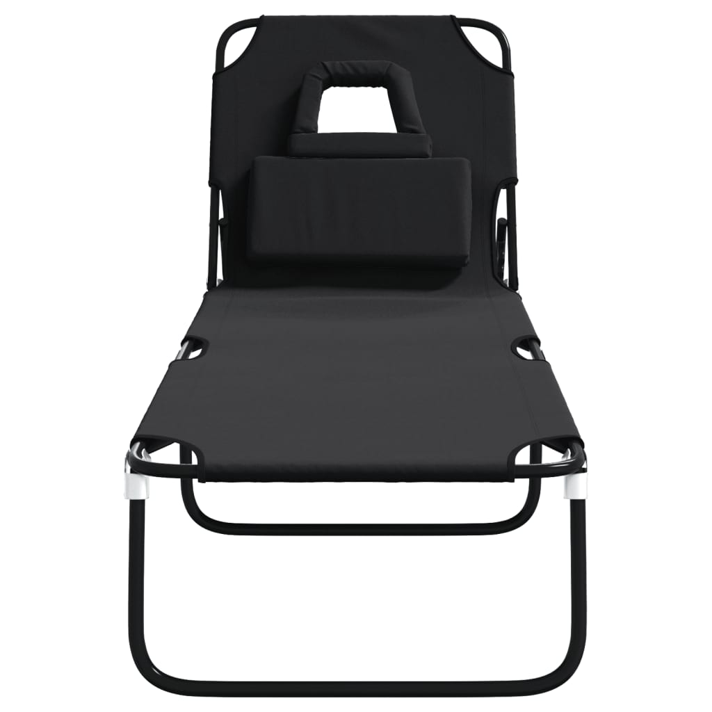 vidaXL sauļošanās krēsls, saliekams, melns audums, tērauds
