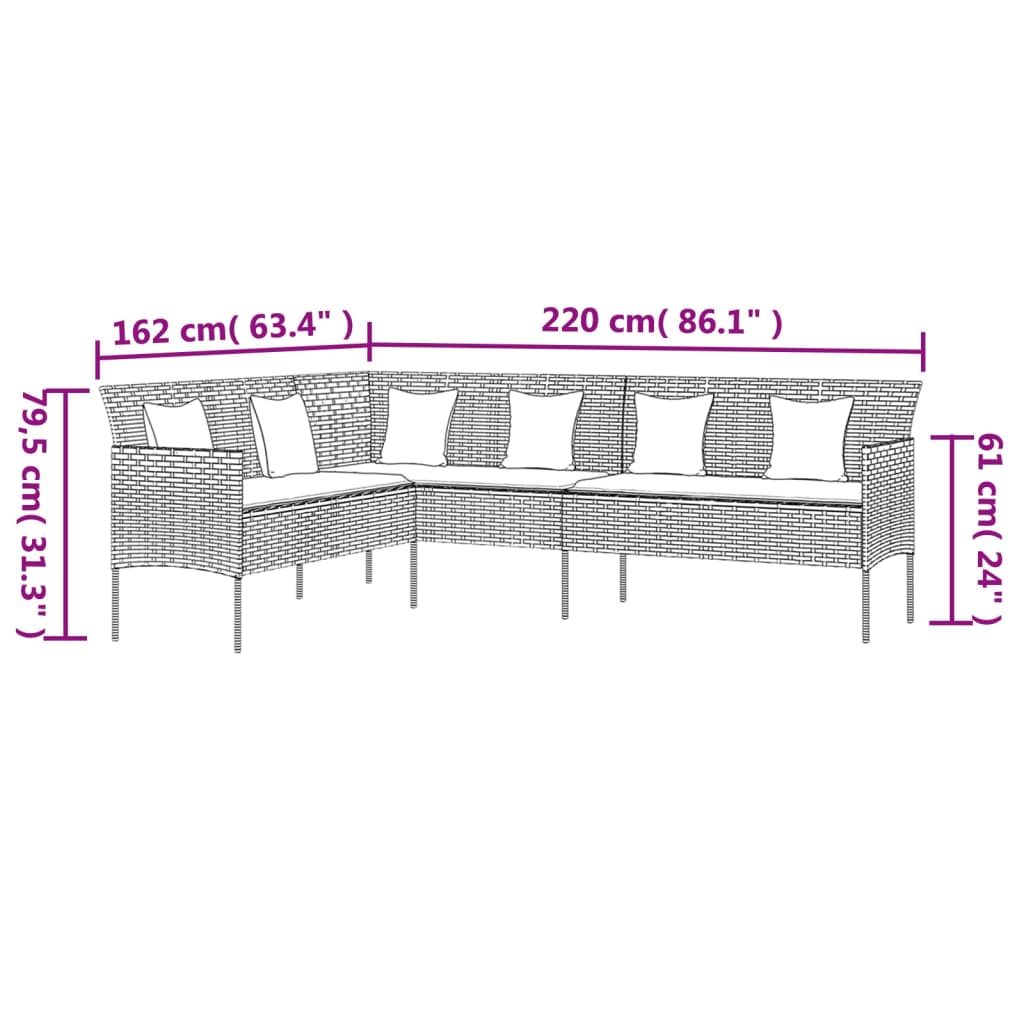vidaXL L-formas dārza dīvāns ar spilveniem, pelēks, PE rotangpalma
