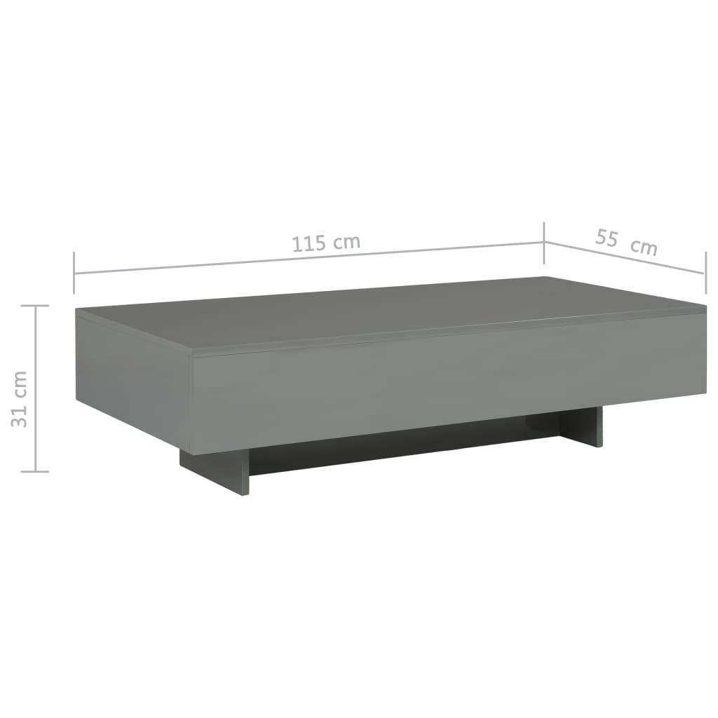 vidaXL kafijas galdiņš, 115x55x31 cm, spīdīgi pelēks MDF