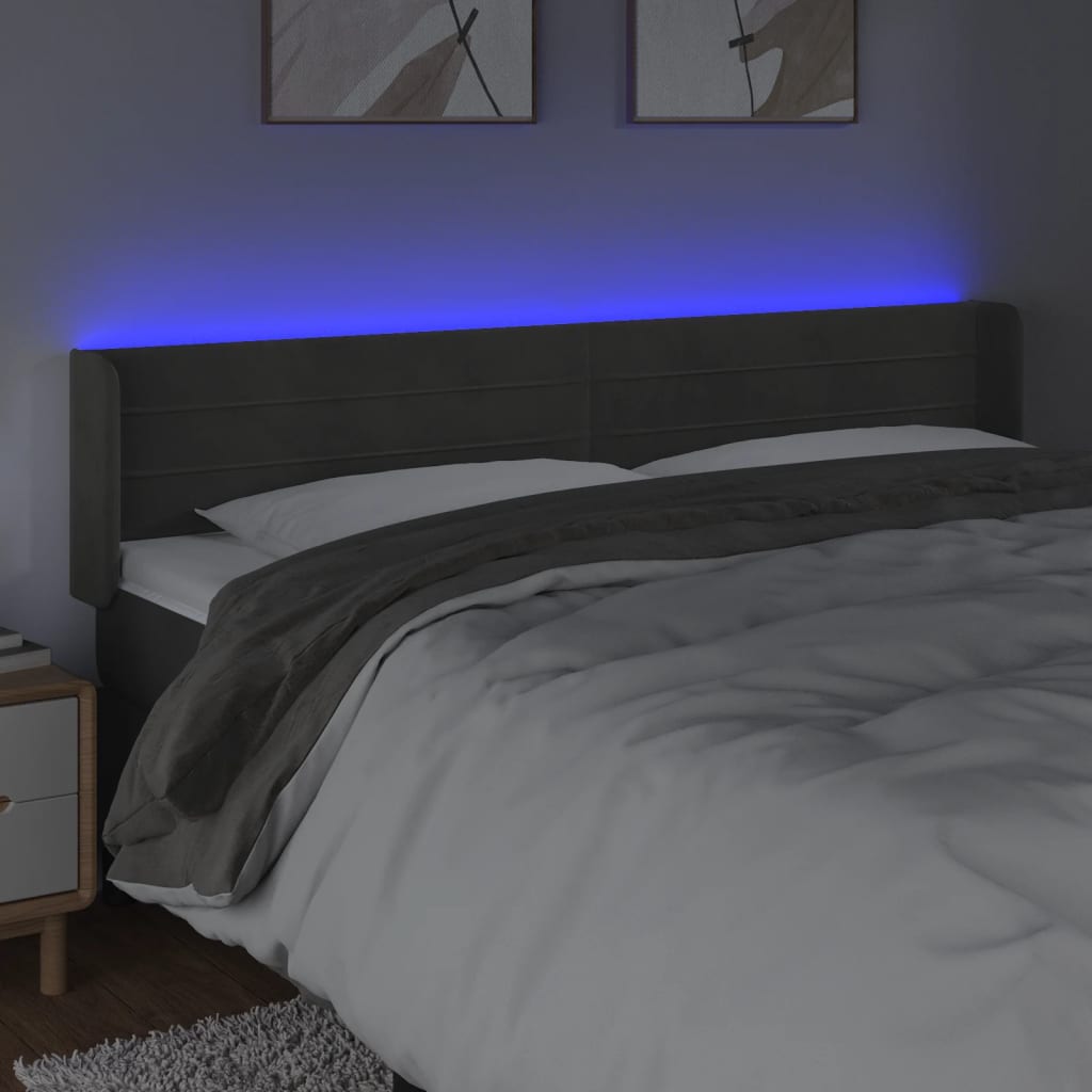 vidaXL gultas galvgalis ar LED, 163x16x78/88 cm, tumši pelēks samts
