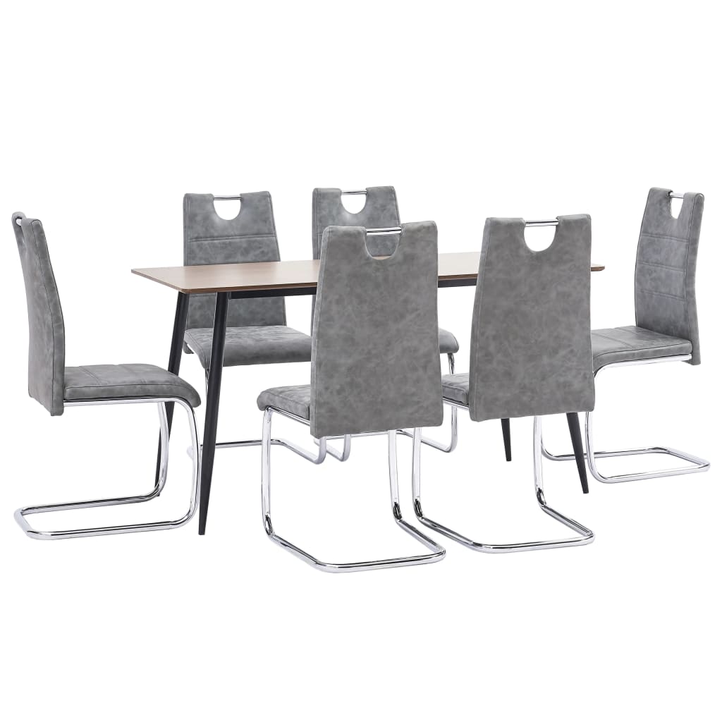 vidaXL virtuves galds un 6 krēsli, pelēka mākslīgā āda
