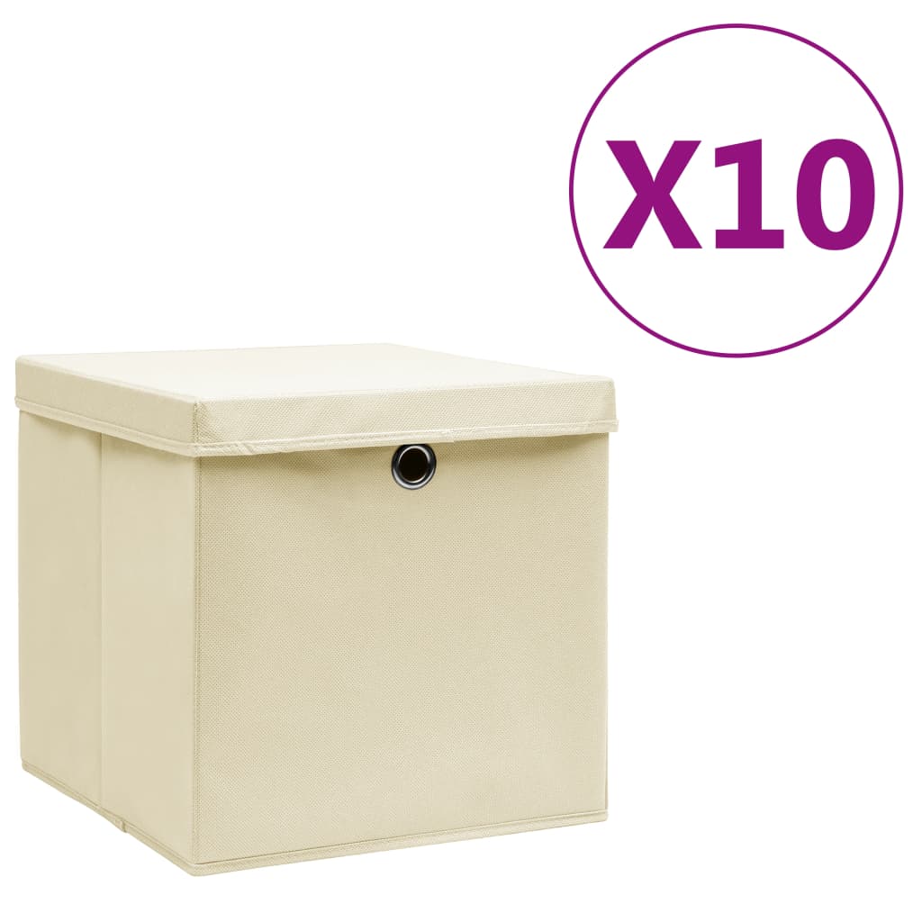 vidaXL uzglabāšanas kastes ar vāku, 10 gab., bēšas, 28x28x28 cm