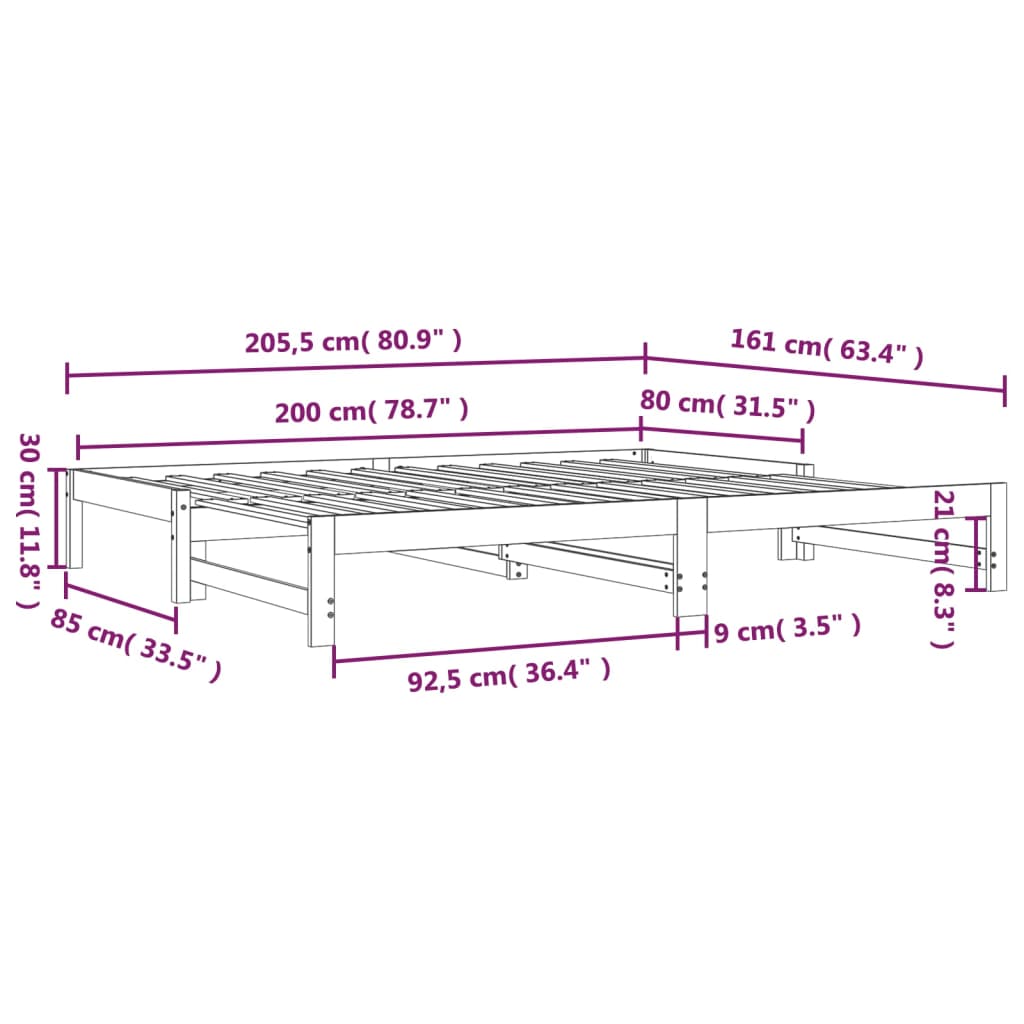 vidaXL izvelkama gulta, 2x(80x200) cm, priedes masīvkoks