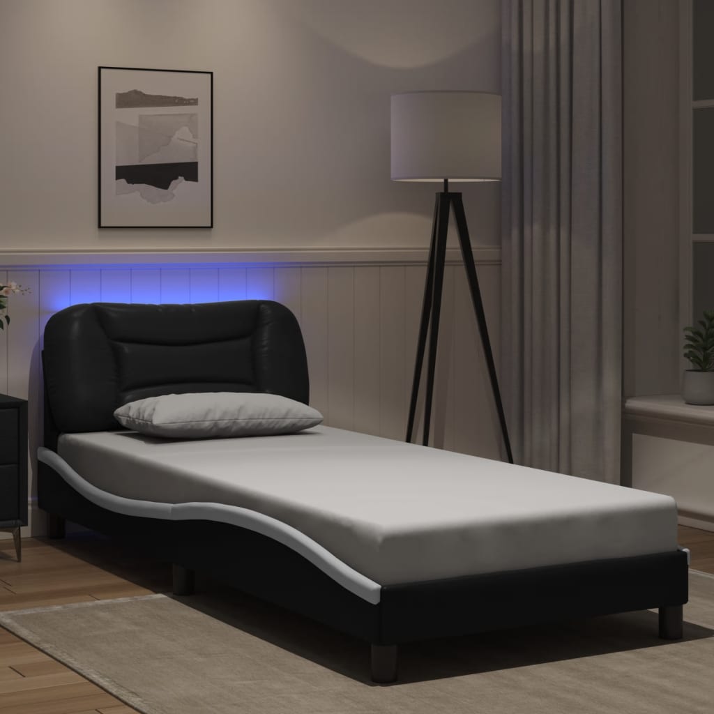 vidaXL gultas rāmis ar LED, melns un balts, 80x200 cm, mākslīgā āda
