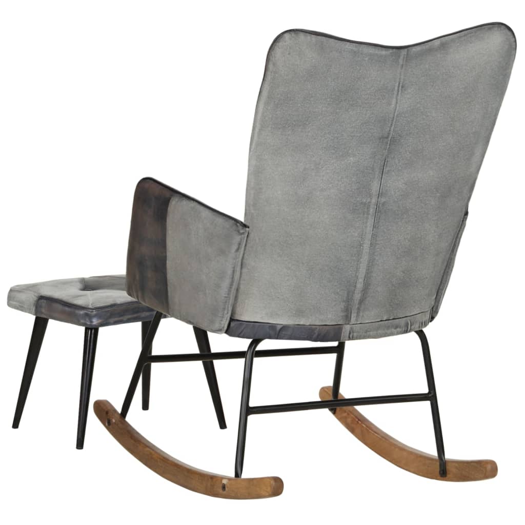 vidaXL šūpuļkrēsls ar kājsoliņu, pelēka dabīgā āda un audums