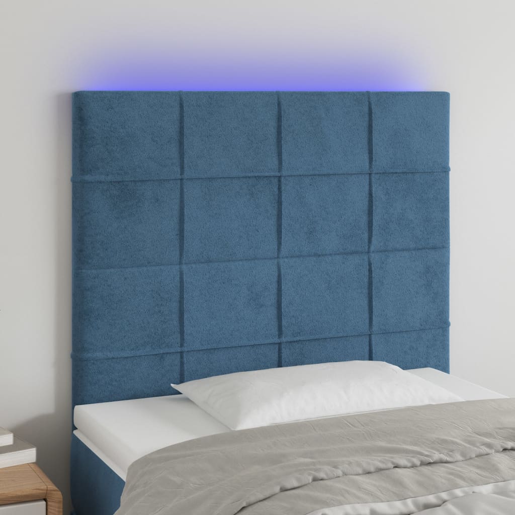 vidaXL gultas galvgalis ar LED, 80x5x118/128 cm, tumši zils samts