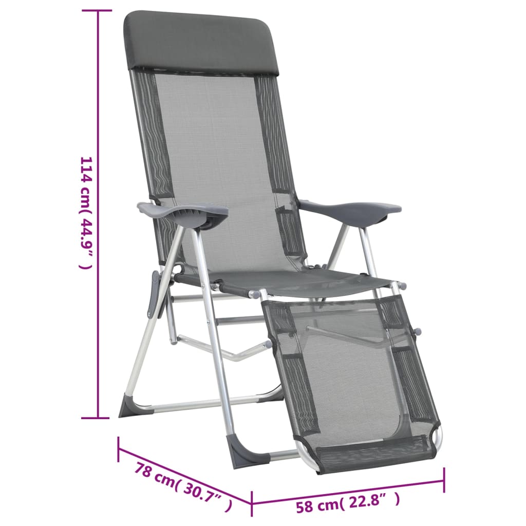 vidaXL salokāmi kempinga krēsli, kāju balsti, 2 gb., pelēks tekstilēns