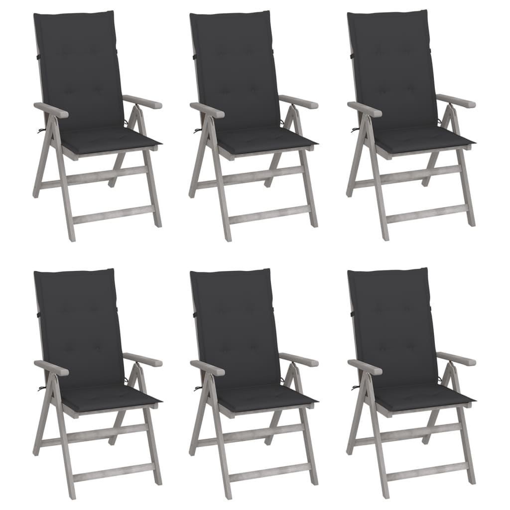 vidaXL atgāžami dārza krēsli ar matračiem, 6 gab., akācijas masīvkoks