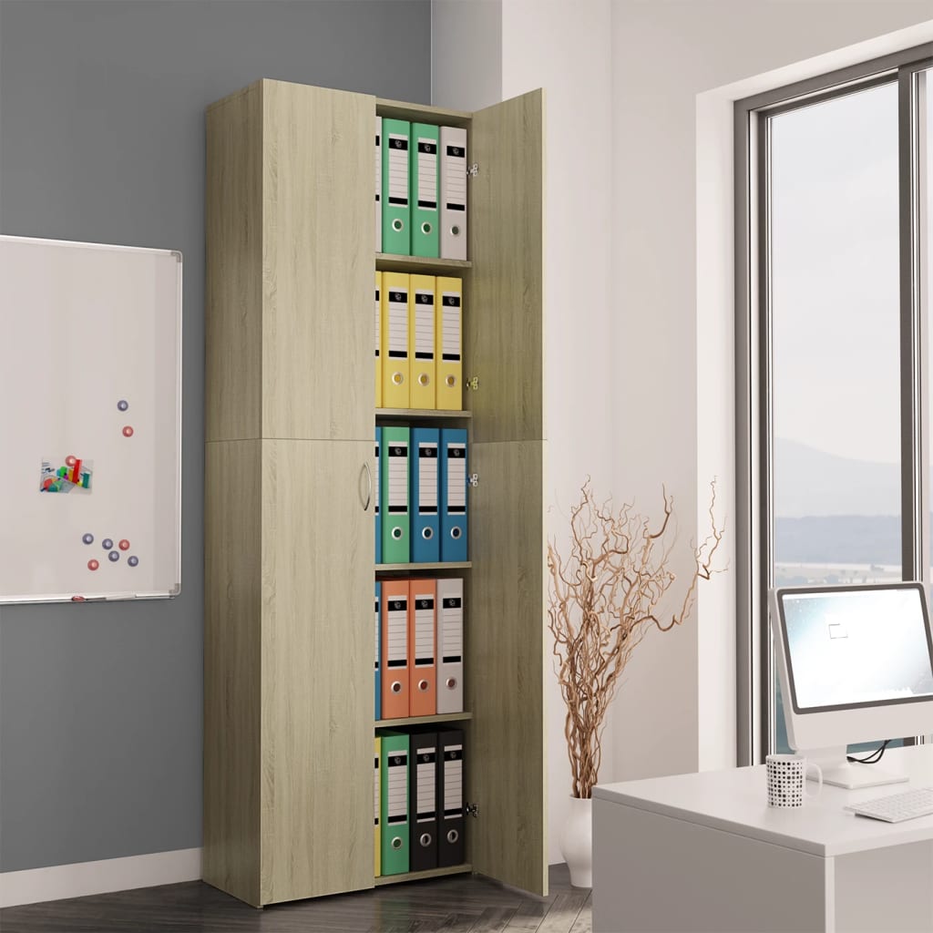 vidaXL biroja skapis, balts, ozola krāsa, 60x32x190 cm, skaidu plāksne