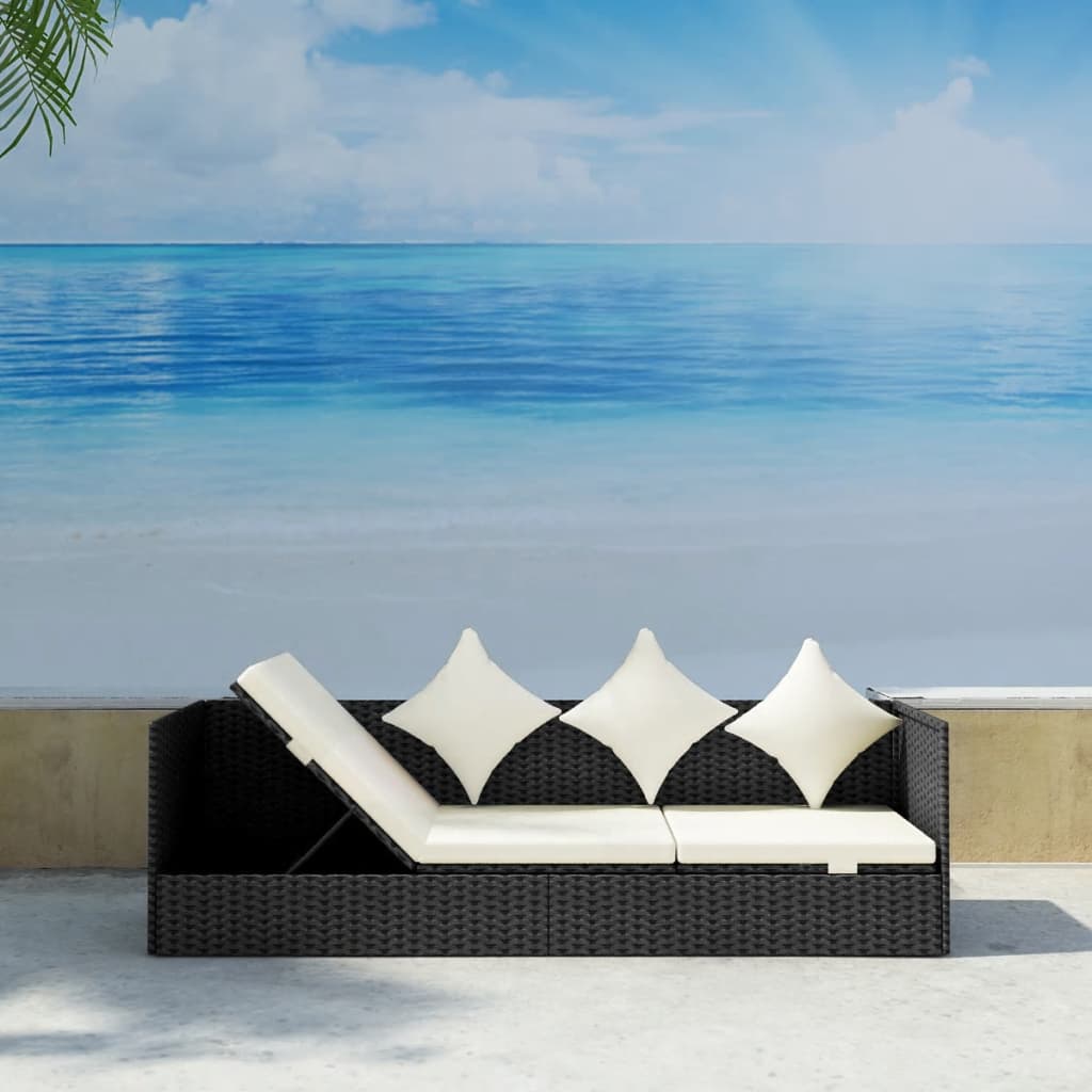 vidaXL dārza dīvāns ar matračiem un spilveniem, melna PE rotangpalma