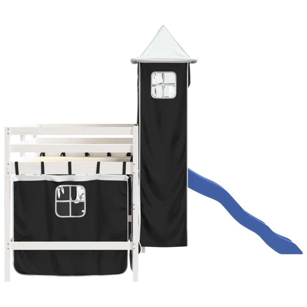 vidaXL bērnu augstā gulta ar torni, melni balta, 80x200 cm, priede