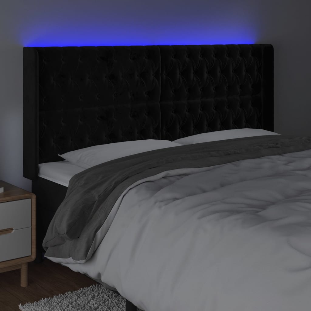 vidaXL gultas galvgalis ar LED, 203x16x118/128 cm, melns samts