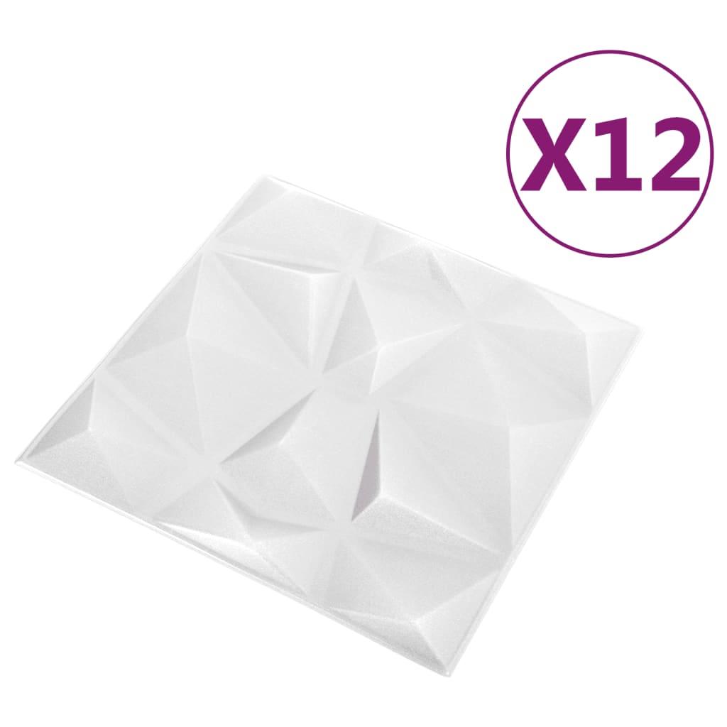 vidaXL 3D sienas paneļi, 12 gab., 50x50 cm, balti dimanti, 3 m²