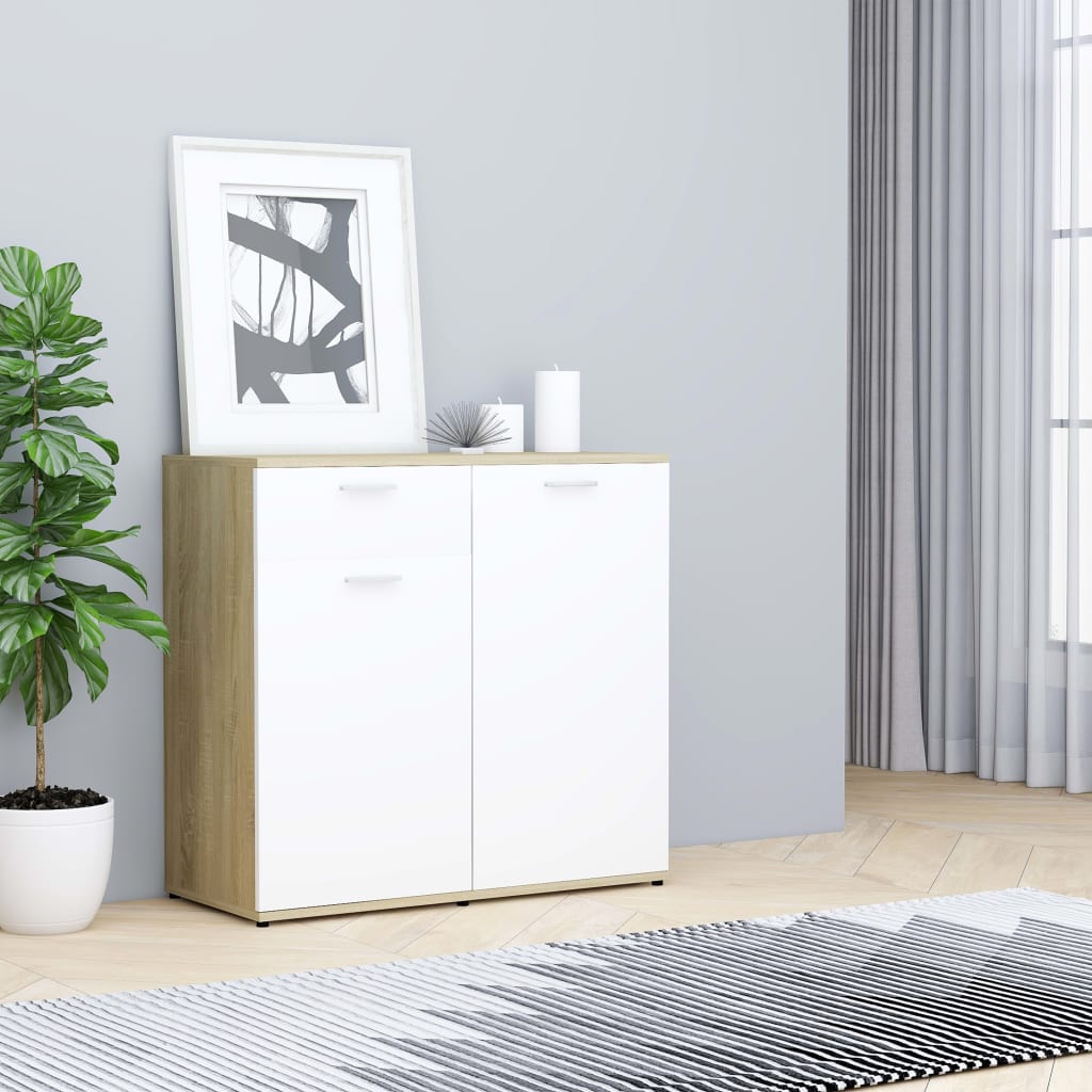 vidaXL kumode, balta, ozolkoka krāsa, 80x36x75 cm, kokskaidu plāksne