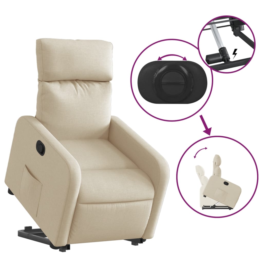 vidaXL atpūtas krēsls, paceļams, atgāžams, krēmkrāsas audums