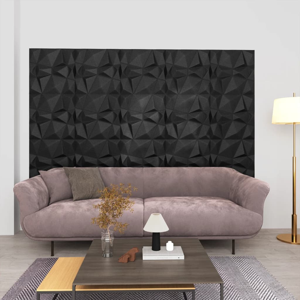 vidaXL 3D sienas paneļi, 12 gab., 50x50 cm, melni dimanti, 3 m²