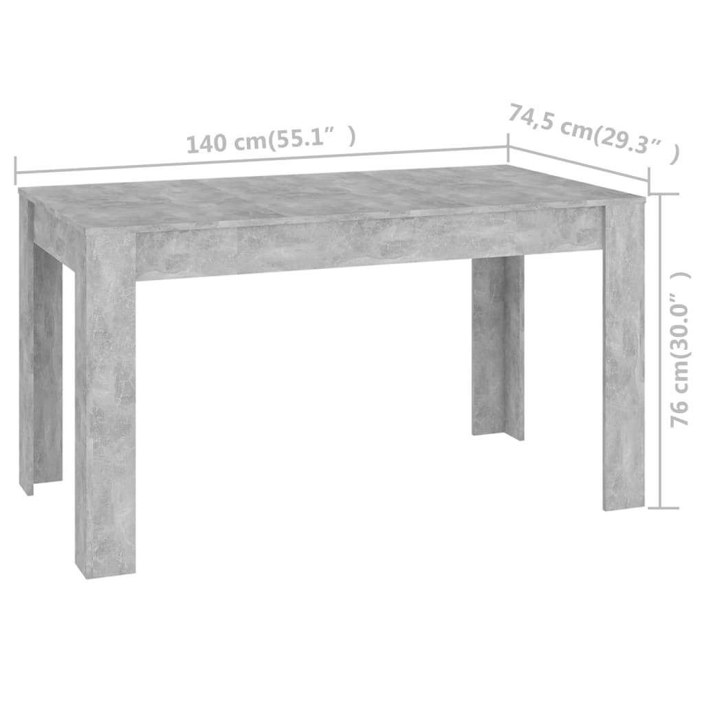 vidaXL virtuves galds, betona pelēks, 140x74,5x76 cm, skaidu plāksne