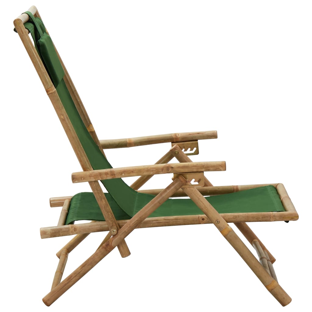 vidaXL atpūtas krēsls, atgāžams, zaļš audums, bambuss