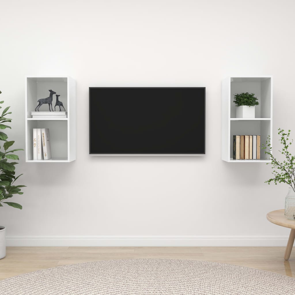 vidaXL sienas TV plaukti, 2 gab., spīdīgi balti, skaidu plāksne