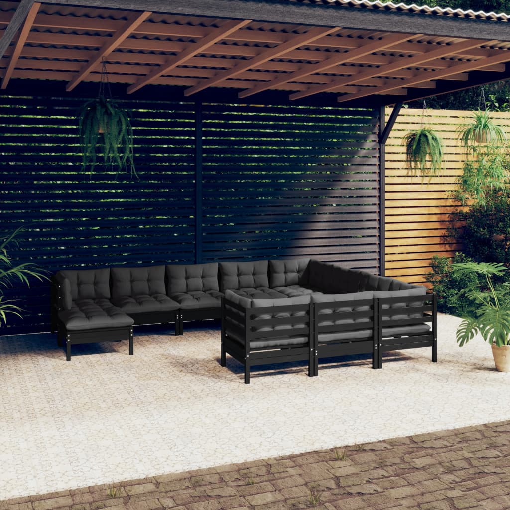 vidaXL 11-daļīgs dārza mēbeļu komplekts ar matračiem, melna priede