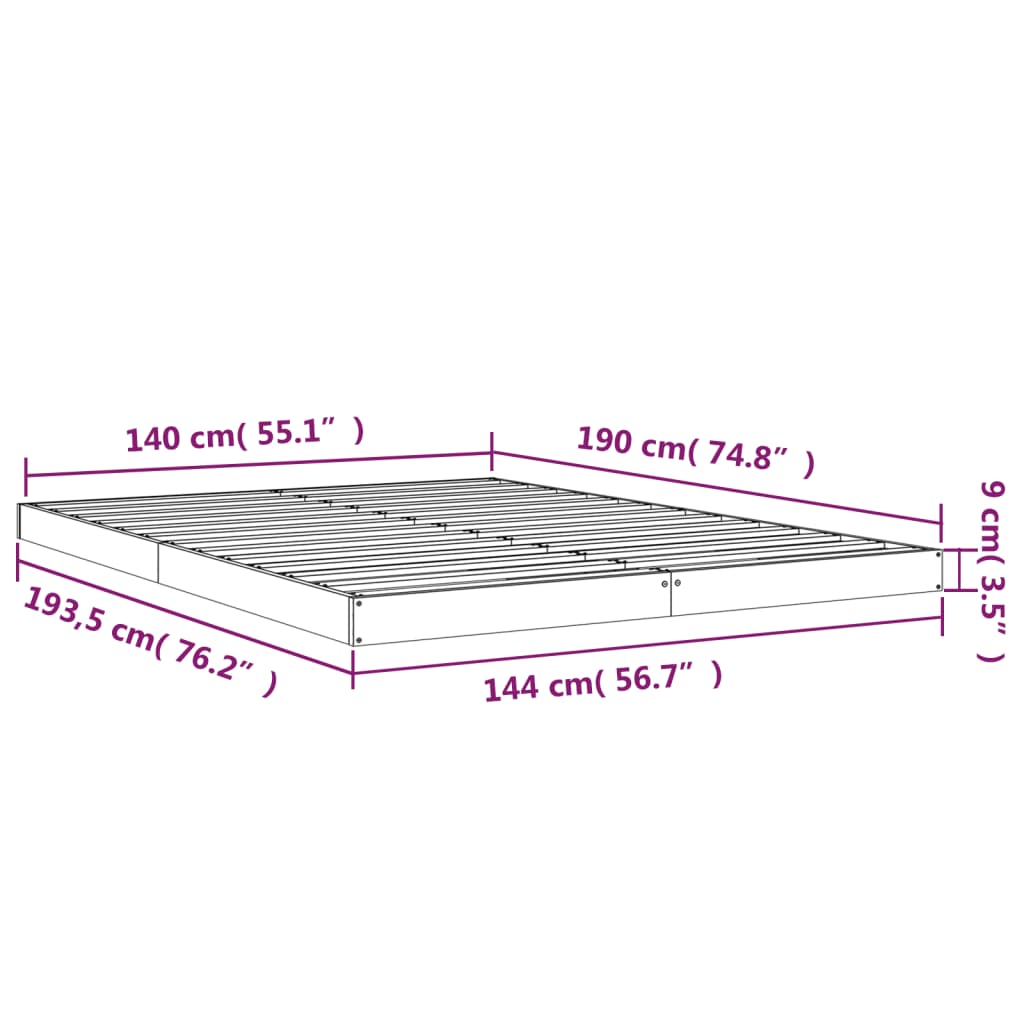 vidaXL gultas rāmis, pelēks, 140x190 cm, priedes masīvkoks