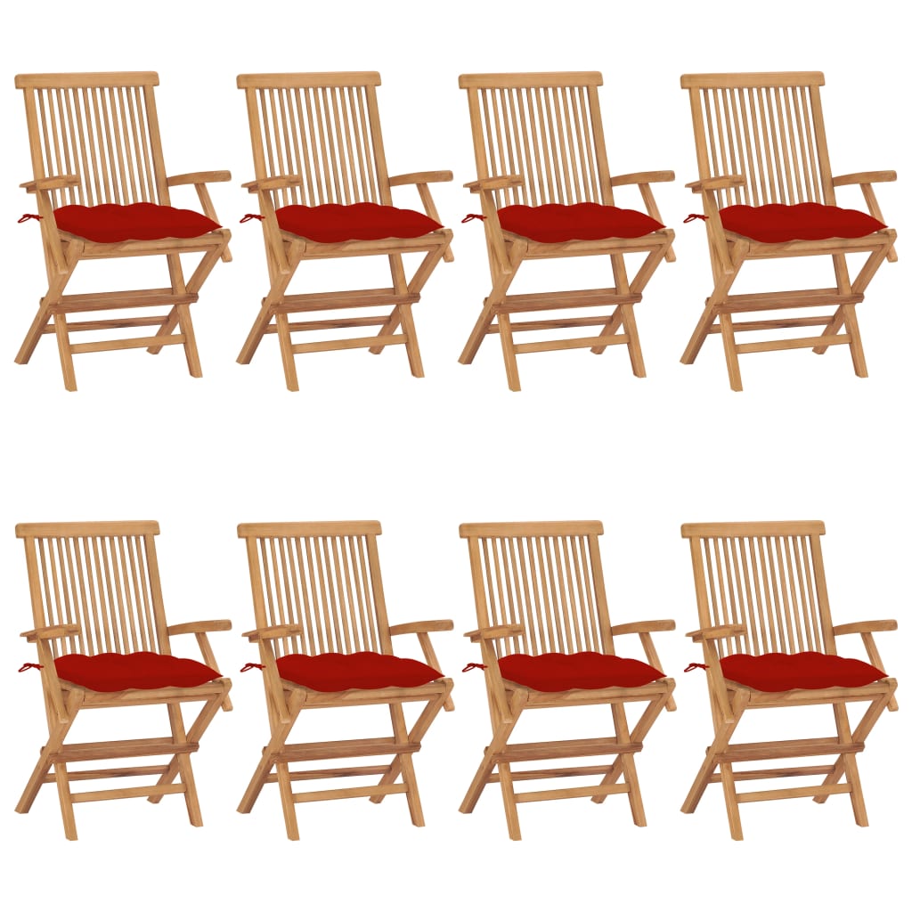 vidaXL dārza krēsli, sarkani matrači, 8 gab., masīvs tīkkoks
