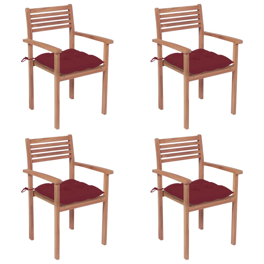 vidaXL dārza krēsli, vīnsarkani matrači, 4 gab., masīvs tīkkoks