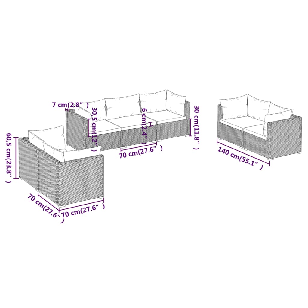 vidaXL 7-daļīgs dārza mēbeļu komplekts, matrači, melna PE rotangpalma
