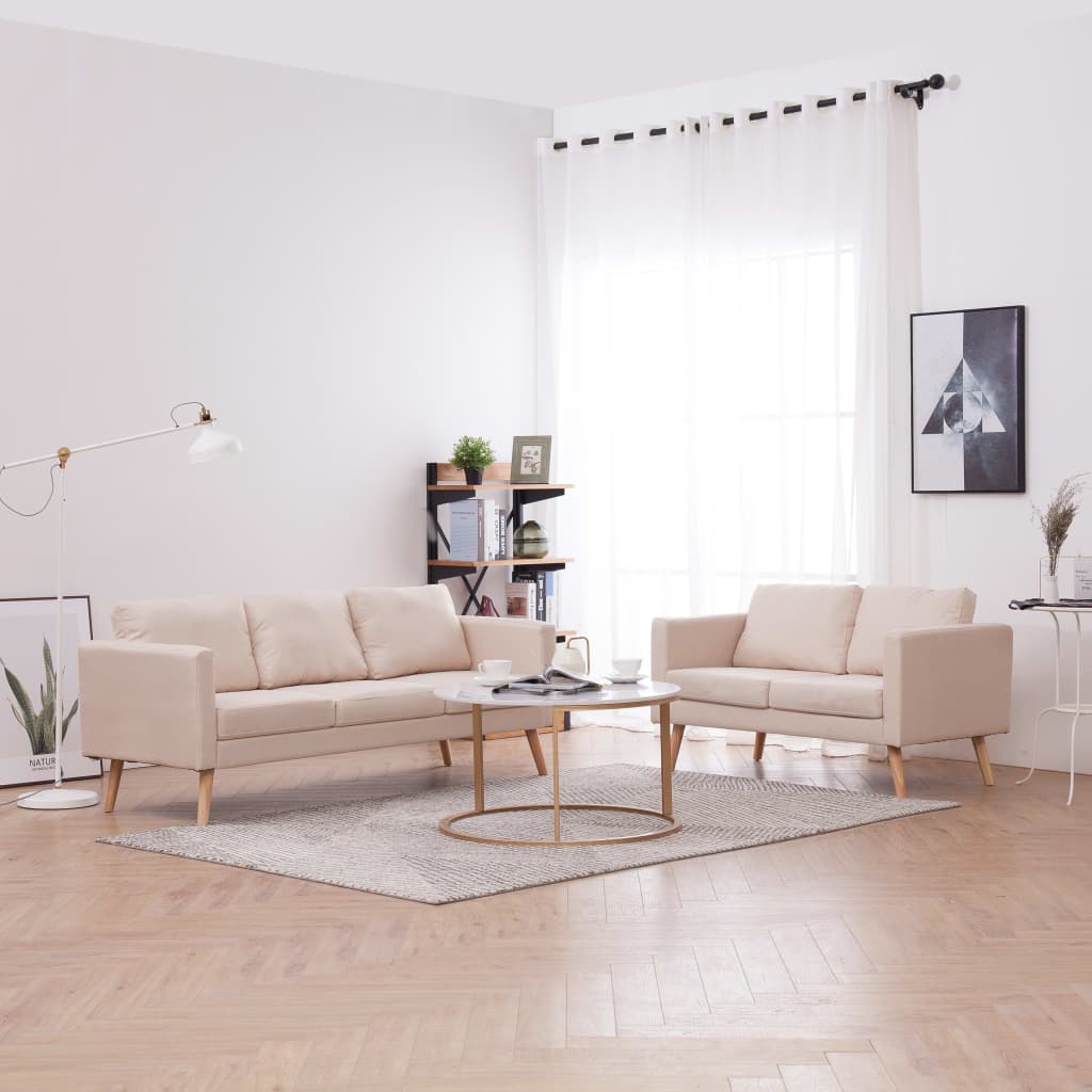 vidaXL divdaļīgs dīvānu komplekts, krēmkrāsas audums