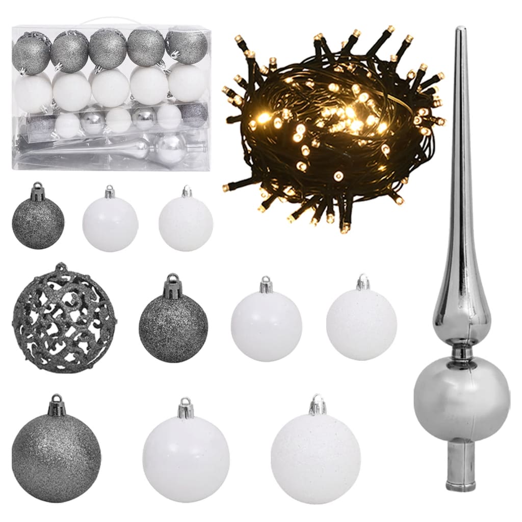 vidaXL Ziemassvētku bumbu komplekts, 61 gab., 150 LED, balts un pelēks