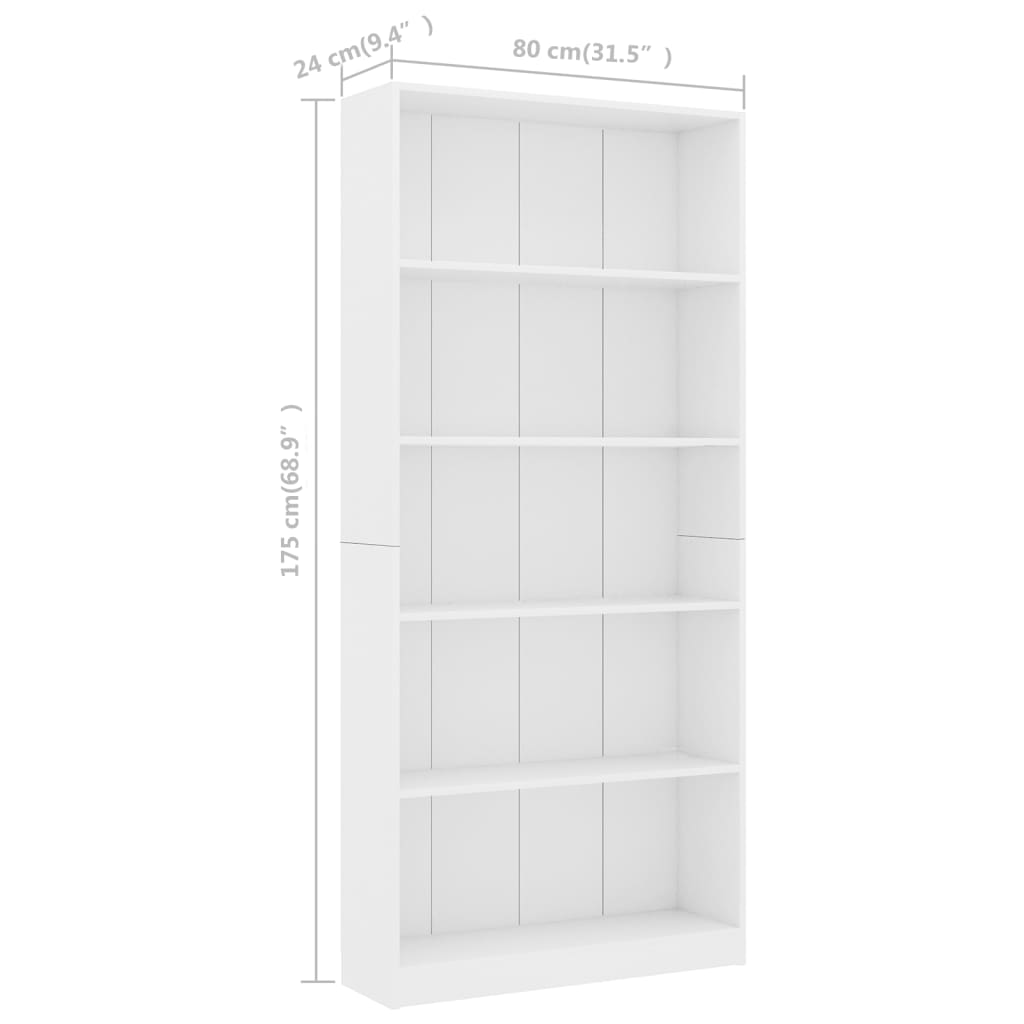 vidaXL 5-līmeņu grāmatu plaukts, balts, 80x24x175 cm, skaidu plāksne
