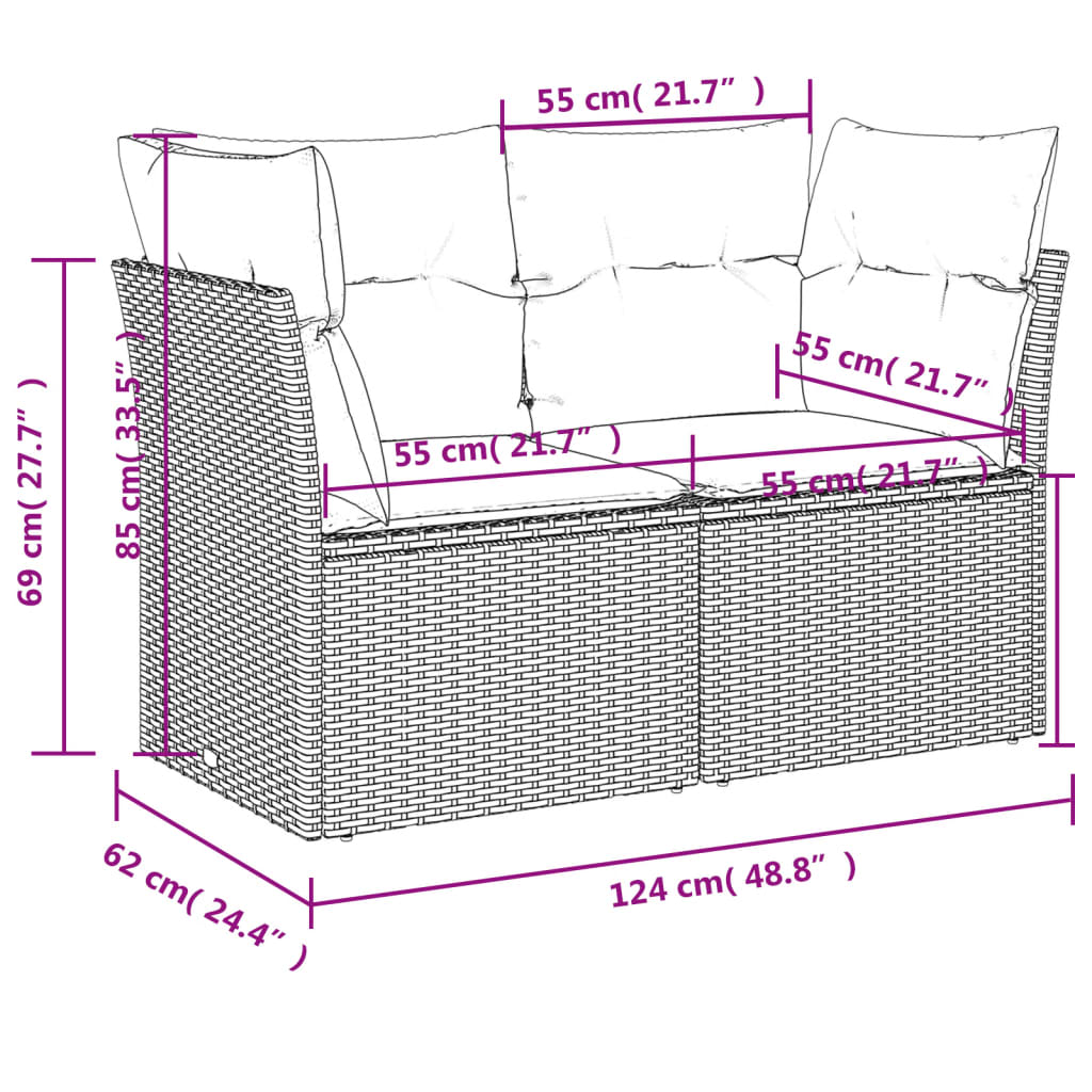 vidaXL divvietīgs dārza dīvāns ar matračiem, melna PE rotangpalma