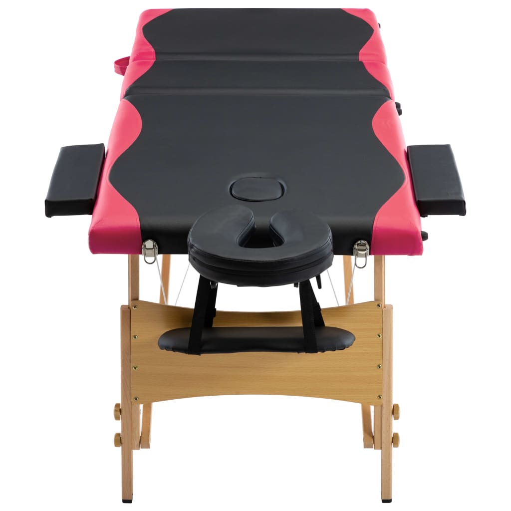 vidaXL saliekams masāžas galds, 3 daļas, koks, melns ar rozā