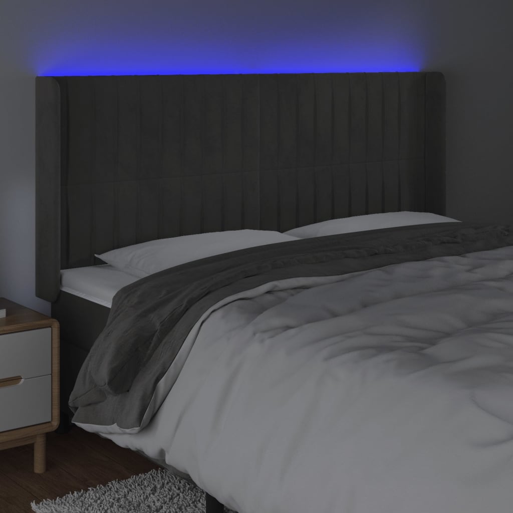 vidaXL gultas galvgalis ar LED, 203x16x118/128 cm, tumši pelēks samts