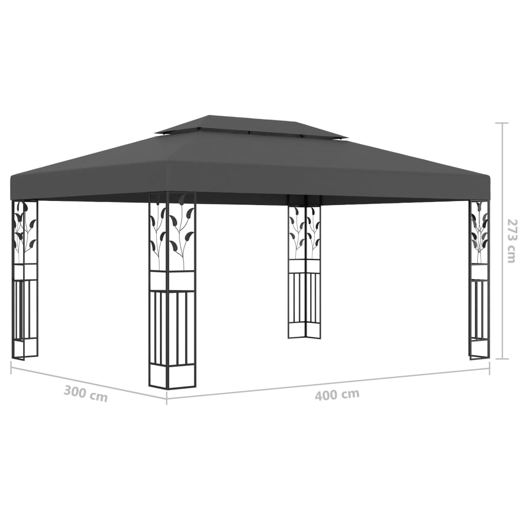 vidaXL dārza nojume ar dubulto jumtu un LED lampiņām, 3x4 m, pelēka