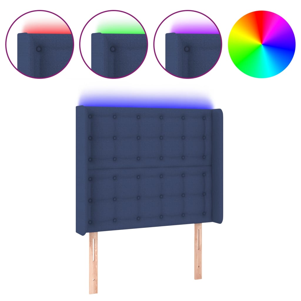 vidaXL gultas galvgalis ar LED, 83x16x118/128 cm, zils audums